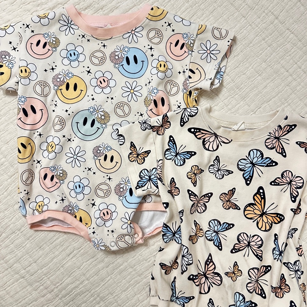 Lot of 2 Toddler Girl Smiley and Butterfly Print Bubble Rompers 2T